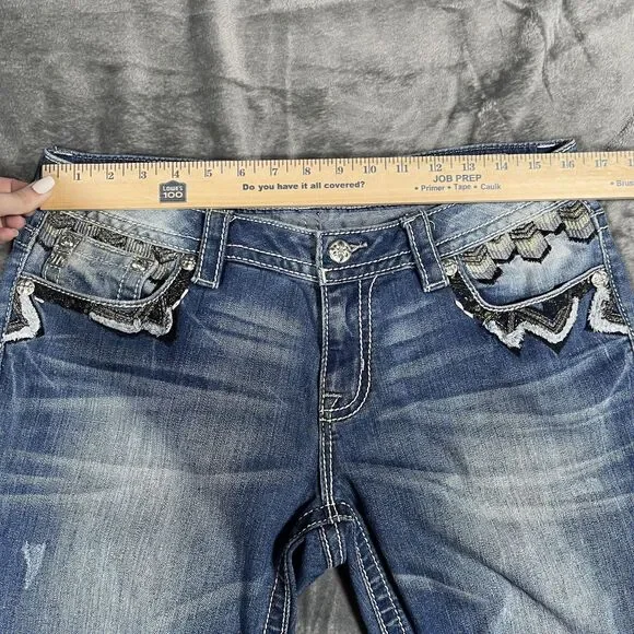 Miss Me Skinny Jeans Womens 31 Blue Medium Wash Embroidered Sequin Fringe - Picture 3 of 11